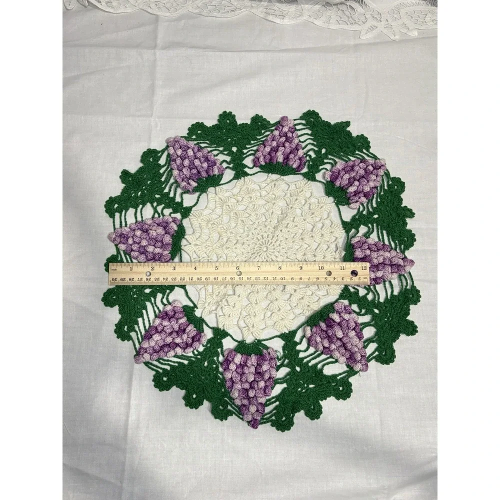 Vintage Hand-Crocheted Doily – Purple Grapes &‎ Green Leaves Popcorn Stitch 13''